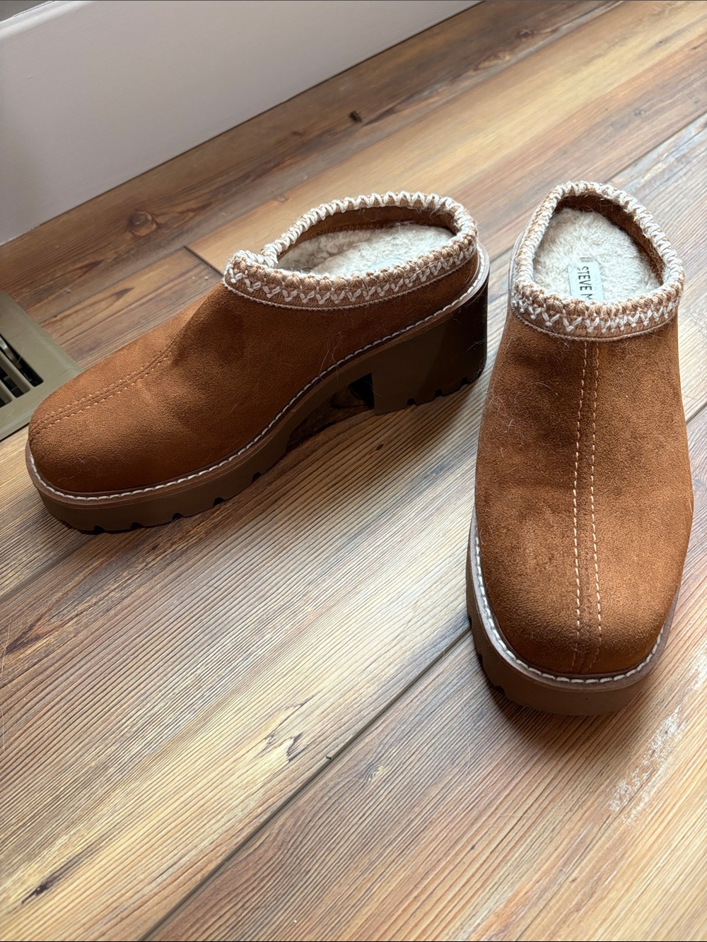 Steve Madden Chestnut Suede Platform Clogs with Sherpa Trim